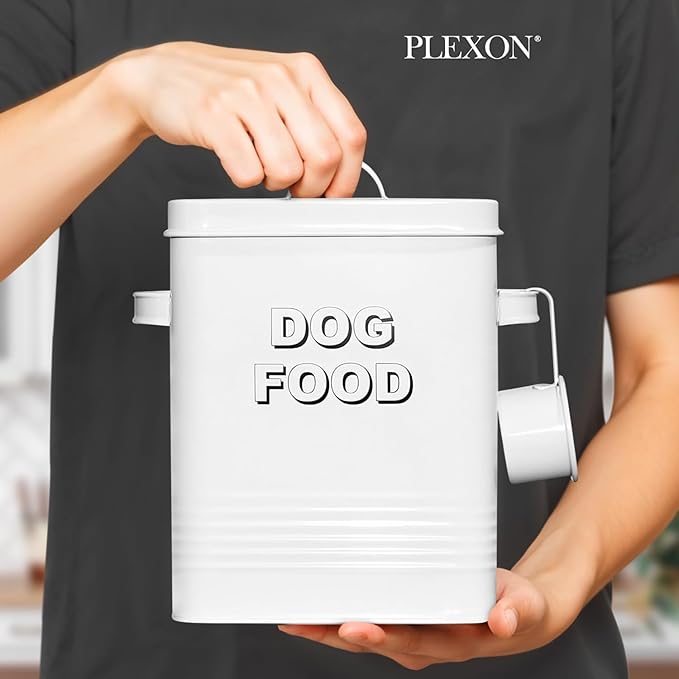 Plexon Metal Dog Food Storage Container with Scoop - Small Dog Food Container Holder Treat Jar Bin with Lid - Pet Chow Storage Canister Tin,1.5 Gallon, 7 lbs, White