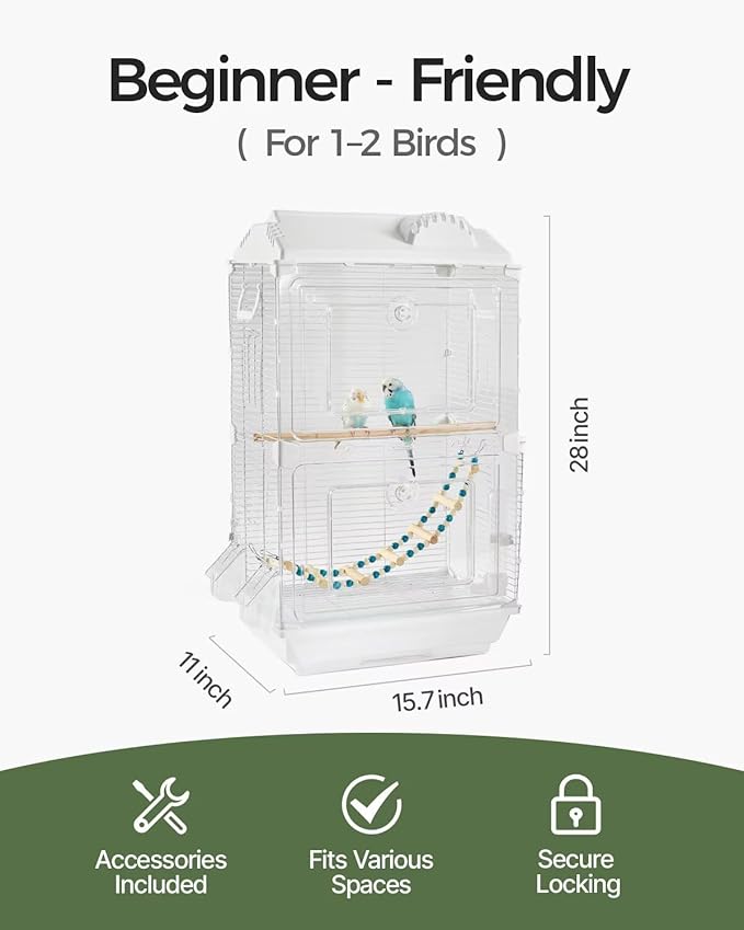 Clear View Bird Cage, Indoor & Travel Small Birdcage for Parakeet, Parrot, Budgies, Cockatiels, Canary |Easy Clean Safe Materials (White, Medium)
