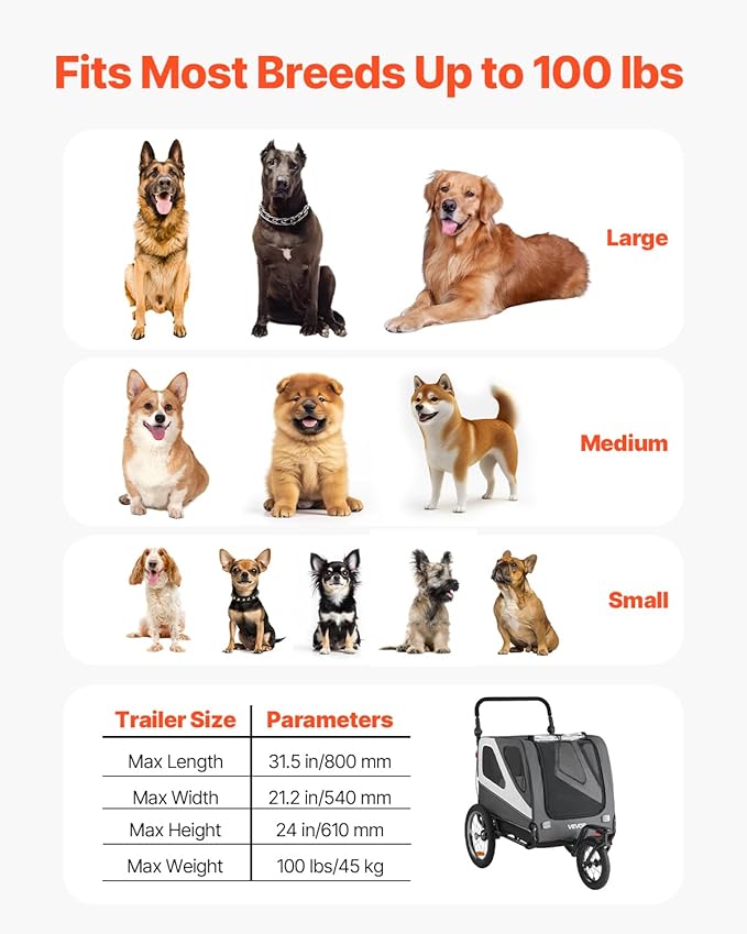 VEVOR Dog Bike Trailer, Supports up to 66/88/100 lbs, 2-in-1 Pet Stroller Cart Bicycle Carrier, Easy Folding Cart Frame with Quick Release Wheels, Universal Bicycle Coupler, Reflectors, Flag