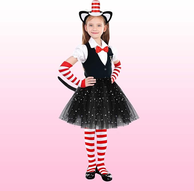 5 Pcs Cat Costume Accessories Set with Red and White Hat Headwear, Bowtie, Socks, Gloves and Tail for World Book Day