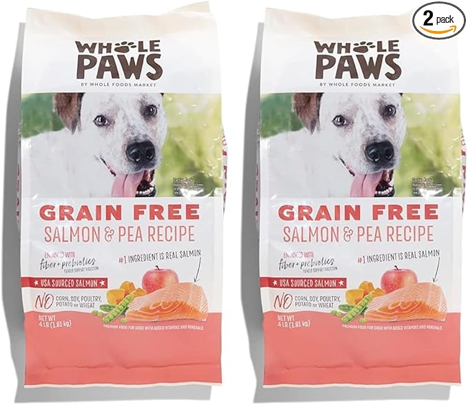 Whole Paws, Grain-Free Dry Dog Food, Salmon & Pea Recipe, Enhanced with Fiber & Prebiotics, 4 lb (Pack of 2)
