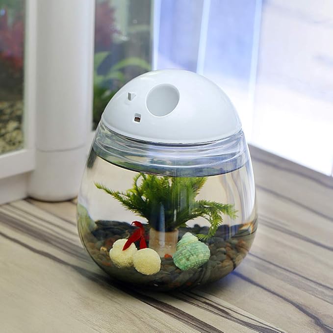Mini Betta Fish Tank, Small Fish Bowl, Plastic Fish Tank with Lid, Desktop Clear Round Fish Bowl and LED for Small Fish, Insect, Shrimp, Crab, Jellyfish Goldfish, Room Decor (with Charger Pattern)