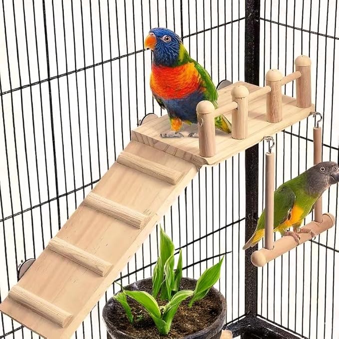Wooden Bird Habitat Platform with Swing and Ladder - Sturdy Long Tailed Parrot cage Accessory, Suitable for Exercising and Entertaining Bird Games Gym - Perfect for Parrots, Canaries, Sparrows