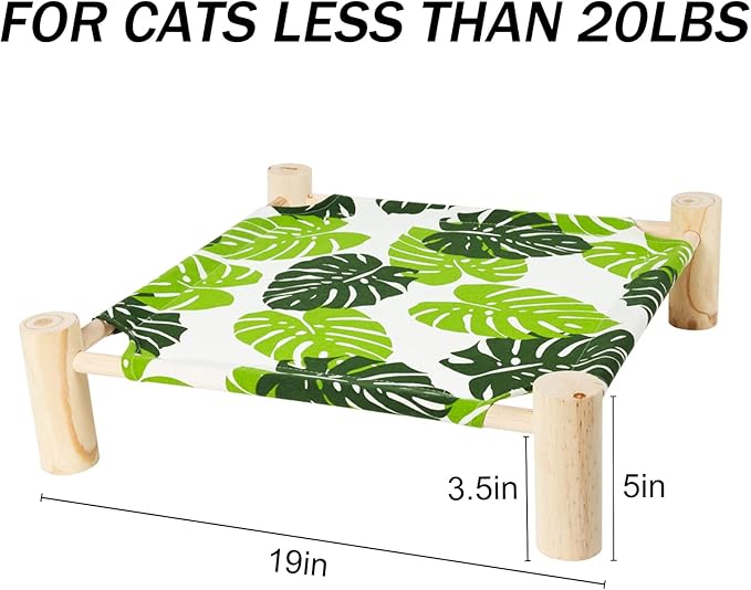 Patas Lague Cat and Dog Hammock Bed for Small Dogs, Brethable Wooden Cat Pet Rabbit Elevated Cooling Outdoor Bed Cots Furniture for All Seasons Monstera Leaf