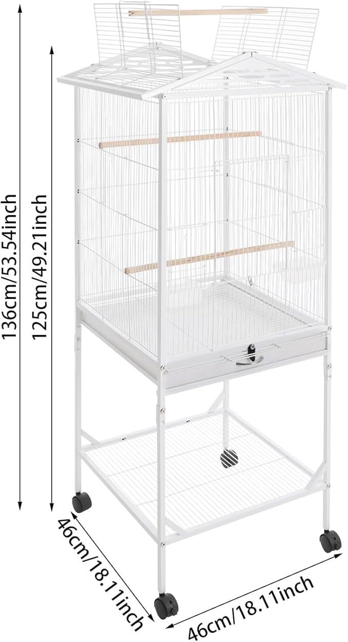 Bird Cage with Wheels, Breeding Cage Wrought Iron Flight Cage with Wooden Stand, Removable Tray & Feeding Bowls for Parrots, Canaries, Lovebirds Finches, 18" L x 18" W x 54" H