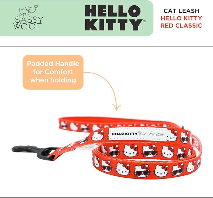 Sassy Woof Hello Kitty® Red Classic Cat Leash 60-Inch with Patented Design and Neoprene Padded Handle – Comfortable, Durable, and Stylish for Cats