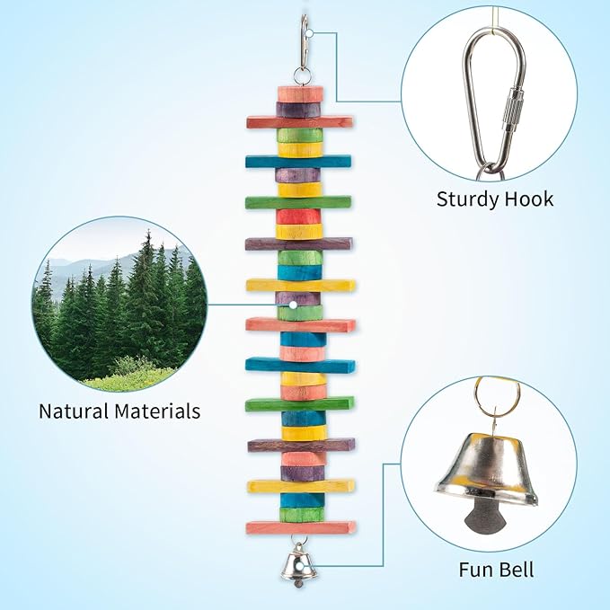 2 PCS 14.37" Multicolored Bird Toys - Stress Relief Chew Parrot Toys, Natural Wooden Blocks, Hanging Bird Cage Accessories, for Parakeets Cockatiels Conures Budgies African Grey Macaws Amazon Parrots