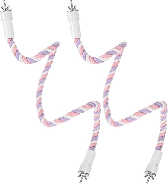 2-Pack Rope Perches for Bird Cages, 31.5 in Length Comfort Grip Flexible Rope Perch Beak & Paw Grinding for Parrots/Cockatiels/Parakeets, Bird Platform Sand [Pink Purple]