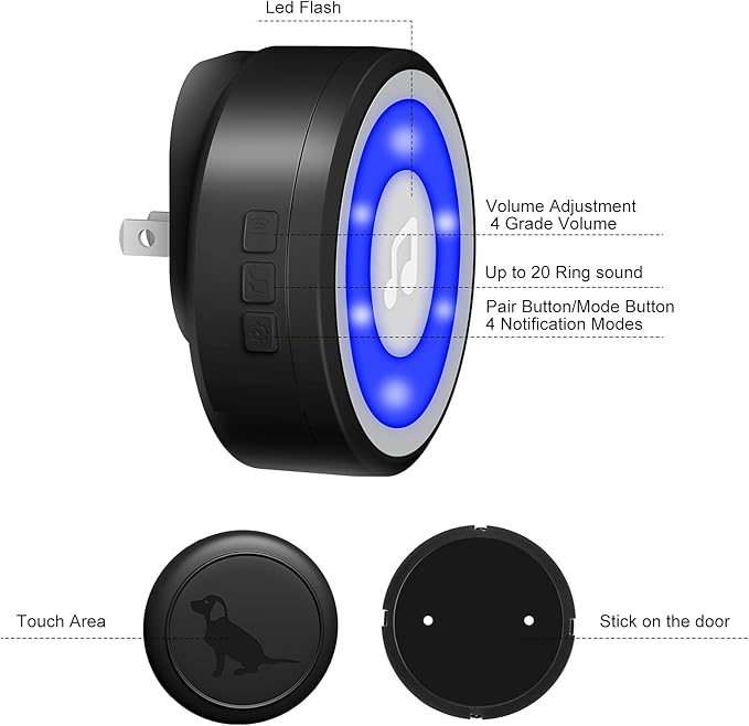 Wireless Dog Doorbell, Dog Bells for Potty Training IP65 Waterproof Touch Button Doggie Doorbell 1000ft Long Range with 20 Melodies 4 Modes LED Flash (2 Transmitter)