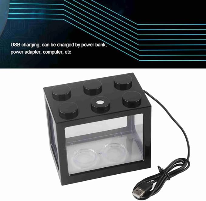 Mini USB LED Aquarium Fish Bowl Plastic Tank with White Light for Desk Tabletop Decor Energy-Saving Office Accent(Black)