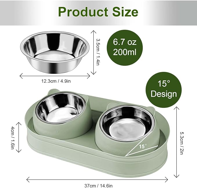 Elevated Raise Tilted Cat Food Bowls,with Stand Stainless Steel, Anti Vomiting, Double Cat Food and Water Bowl Set (Green)