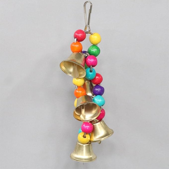 Bird Chewing Toy with Bells Colorful Wood Beads with Bells Toy for Lovebirds Budiges Conures Cockatiels Parakeet Cage Hanging Perch Toys Random Color