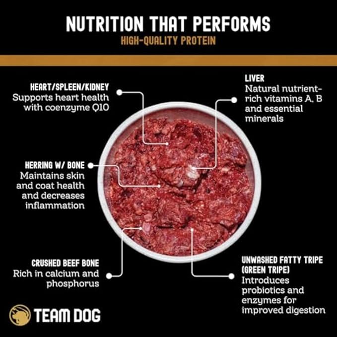 Team Dog Raw Frozen Dog Food | 65% Beef Muscle, Organ Meats, Herring & Green Tripe for Dogs | All Natural Grain Free Dog Food for Optimal Health, Digestion & Coat | 16 x 1lb Rolls