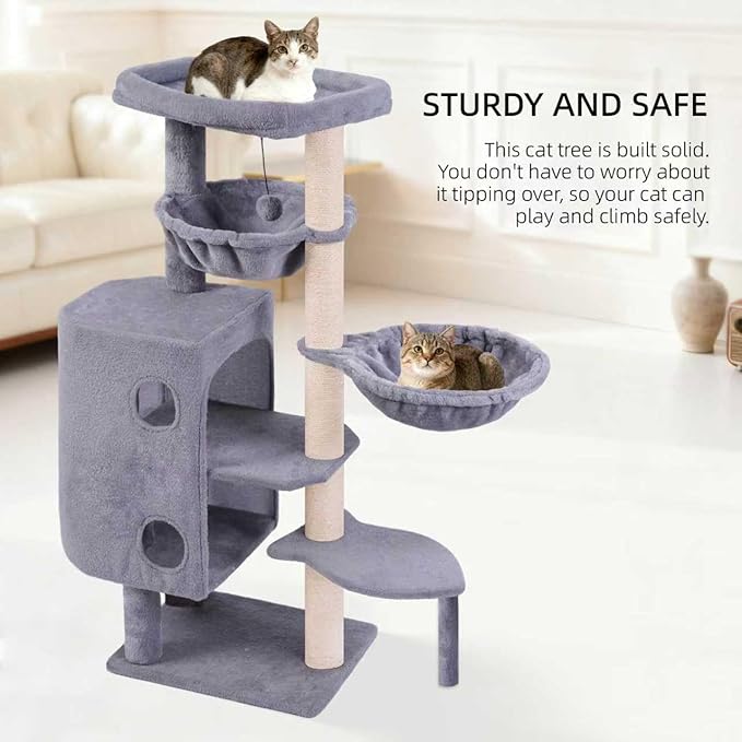 45in Cat Tree Tower with Big Condo for Indoor Cats,Cat Tower with Scratching Post,Scratching Board and Cat Toys,Multi-Level,Small Space,Transformer Cat Tree (Grey+)
