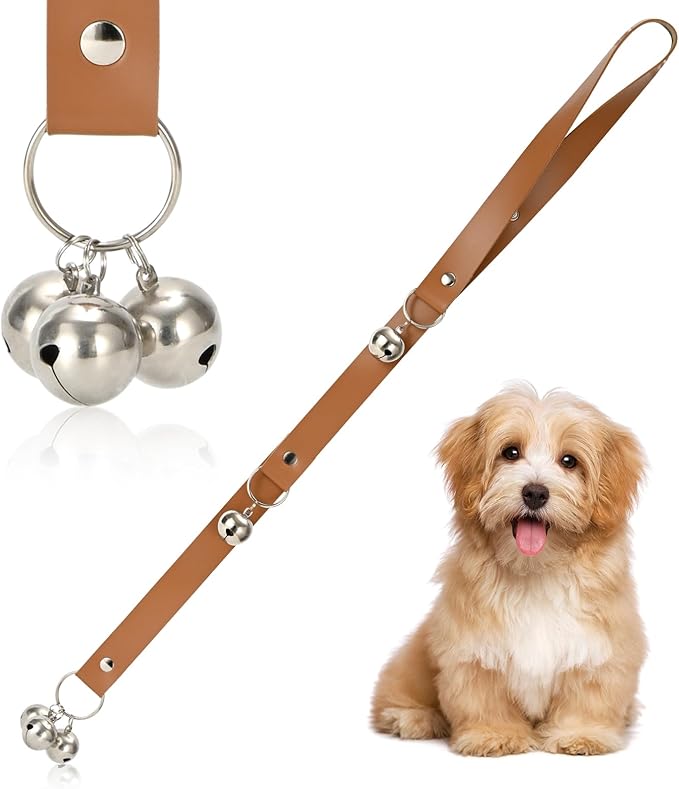 Brown Leather Hanging Door Bells for Dogs to Ring to Go Potty Training Doorbells Tools to Go Outside Dog Accessories Upgraded Puppy Essentials for Home (Silver Jingle Bells)