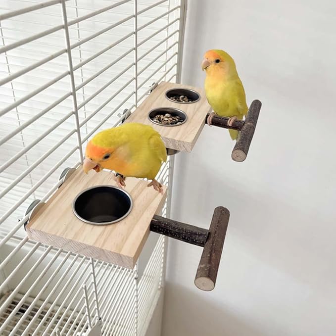 Bird Food Stainless Steel Cups Wooden Perch Stand Hanging Feeder Bowls Feeding and Watering Supplies for Parakeets Conures Cockatiels Budgie Parrot (with Two Cups)