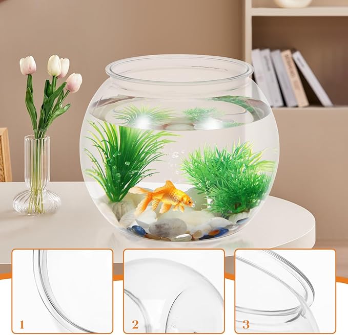 Totority Transparent Round Fish Bowl 8.66 Inch Durable PET Aquarium Tank, Shatterproof Desktop and Bookshelf Decor for Office, Home, Party & Carnival, Stylish Small Fish Tank for Betta & Goldfish