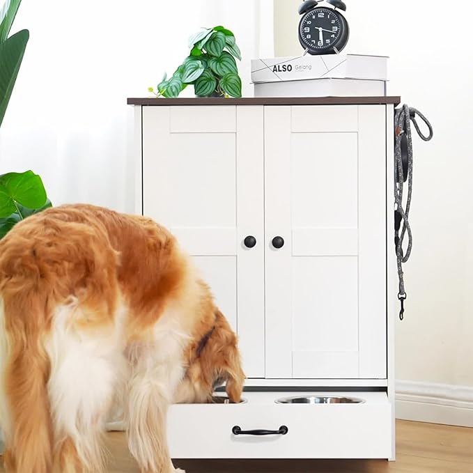Pet Feeding Station, Dog Feeding Station, Dog Food Storage Cabinet, Pet Food Toy Organiser with 2 Elevated Bowls and Hook for Feeding and Drinking, White