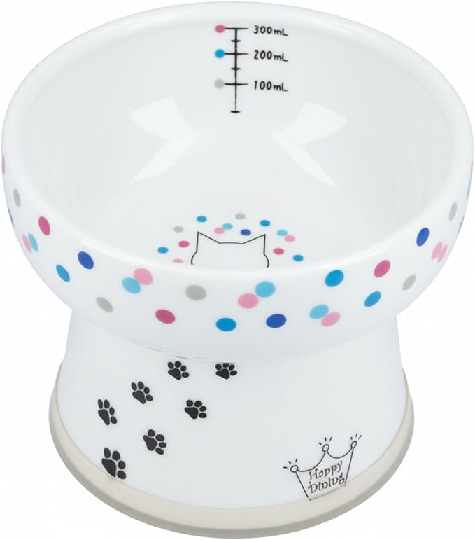 Necoichi Elevated Cat Water Bowl – Ceramic Raised Cat Bowl, Prevents Neck & Whisker Fatigue – Dishwasher & Microwave Safe – Pet Water Bowl for Cats (Colorful Dots, Extra Tall)