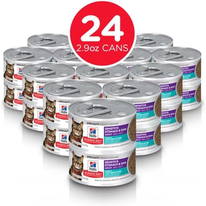 Hill's Science Diet Sensitive Stomach & Skin, Adult 1-6, Stomach & Skin Sensitivity Support, Wet Cat Food, Tuna & Vegetables Minced, 2.9 oz Can, Case of 24