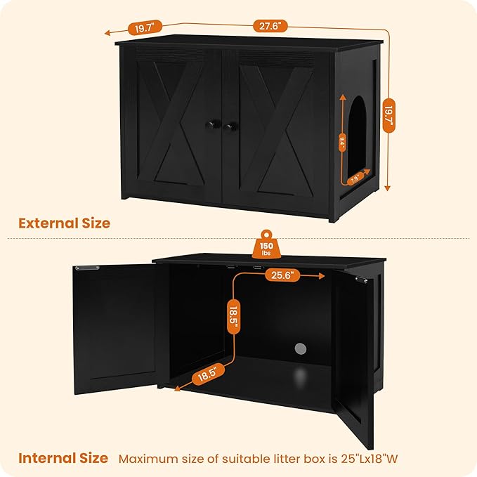 Dwanton Litter Box Enclosure, Cat Litter Box Furniture Hidden, Reversible Entrance Can Be on Left or Right Side, Wooden Cat Washroom Indoor, Black, 27.6 Inches