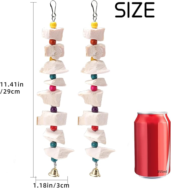 2 Pack Bird Toys, Parakeet Toys with Cuttlebone, Natural Cuttle Bone Bird Beak Grinding Stone & Parrot Chew Cuttlebone Cage Accessories with Bell for Budgie, Conure, Lovebird- 8 Pieces