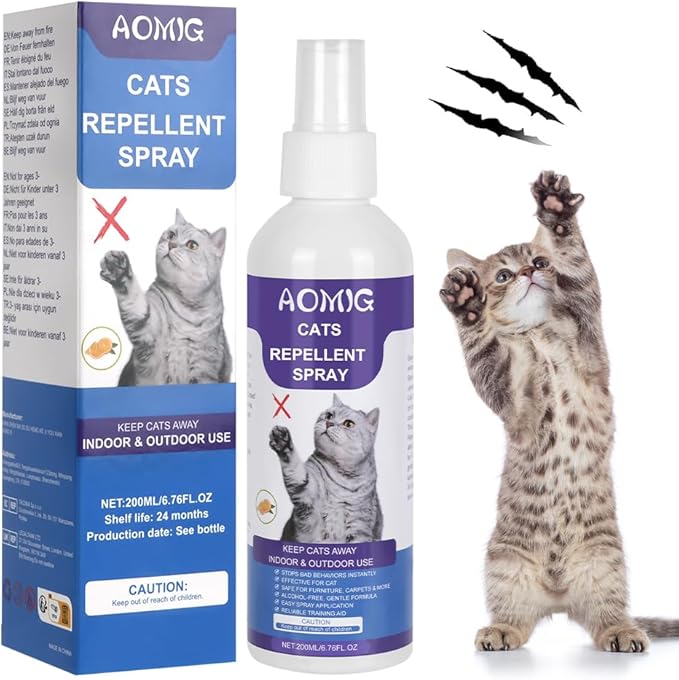 AOMIG Cat Deterrent Spray, Natural Cat Repellent Spray, Non-Toxic Anti-Scratch Deterrent for Furniture Protection Sofas Rugs Plants, Indoor & Outdoor Safe Effective Training Aid for Cats, 200ml