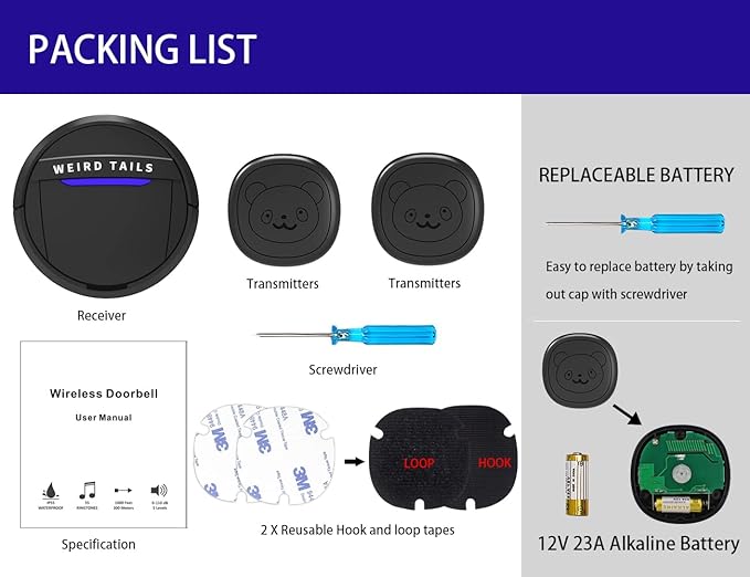 Wireless Doorbell, Dog Bells for Potty Training IP55 Waterproof Doorbell Chime Operating at 950 Feet with 55 Melodies 5 Volume Levels LED Flash (1 Receiver 2 Transmitters)