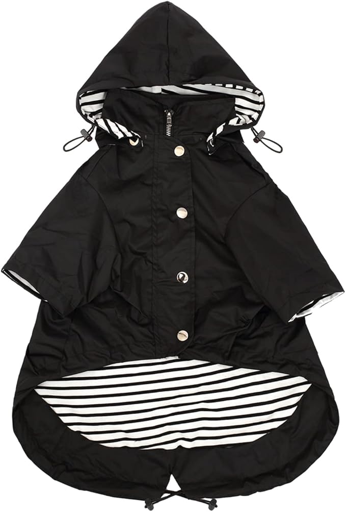 Morezi Dog Zip Up Raincoat with Reflective Buttons, Rain/Water Resistant, Adjustable Drawstring, Removable Hood, Raincoats with Legs 8lbs to 80lbs Available - Black - S