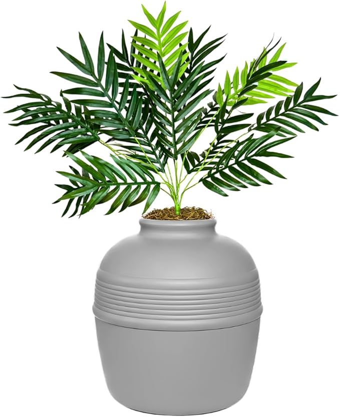 Good Pet Stuff Hidden Litter Box Planter, Decorative Cat Litter Enclosure with Carbon Filter, Artificial Plant, Easy Clean, Removable Liner, Round Style, Essentials Kit, Pebble Gray