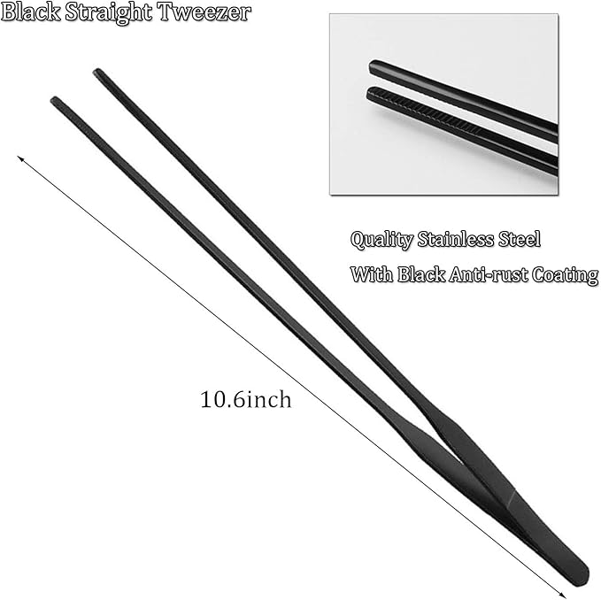 Black Aquarium Tweezers Set HRASY Stainless Steel Straight and Curved Tweezers Long Handle Reptile Feeding Tongs for Fish Tank Aquatic Plants, Pack of 2, 10.6 Inch
