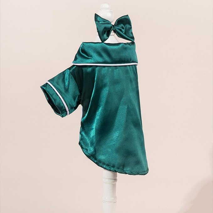 Cat Puppy Costume Elegant Satin Pajamas with Bow Headband 2PCs Set Pet Sleepwear Cute Pet Outfit Cosplay Partywear Photoshoots (Green Set,Large)