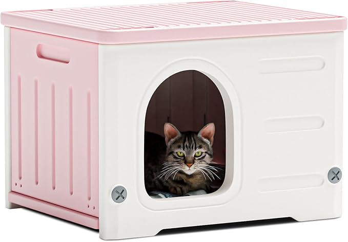 Plastic Cat House for Outdoor Indoor Use, Stackable Feral Cat Shelter Indoor Cat House Weatherproof Waterproof Elevated (Pink)
