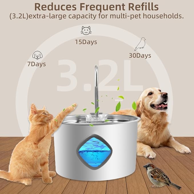 Cat Water Fountain Stainless Steel,108oz/3.2L Cat Fountain for Drinking- Pet Water Fountain Inside，Super Quiet Automatic Dog Watering Dispenser Bowl，Pet Feeding & Watering Supplies Water Level Window