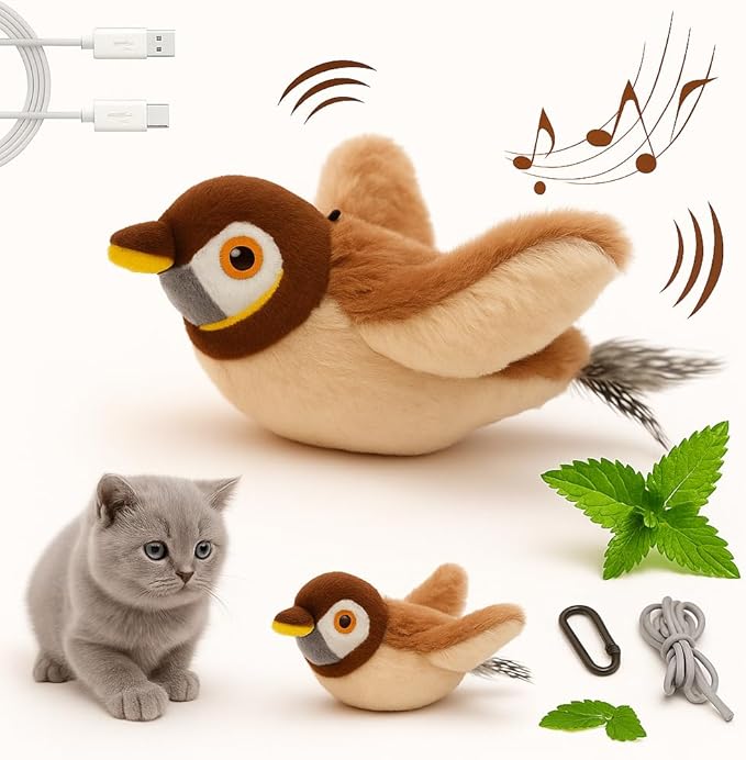 Flappy Bird Cat Toy – Interactive Flapping & Chirping Bird Toy for Cats (No Flying), Indoor Cat Toy for Exercise & Play, Durable Chew Toy for Bored Cats, Catnip Toy for Kitten or Small Dogs