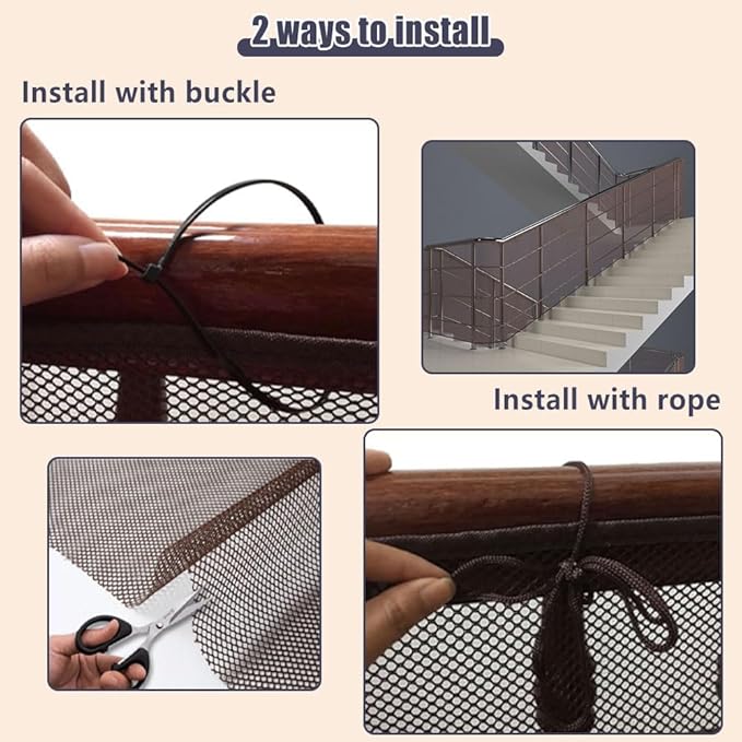 Banister Guard 10 ft L x 2.6 ft H Balcony Netting for Pets Stairs Railing Nylon Net Stairway Balcony Mesh Netting Banister Stair Net Balcony Safety Net Stair Guard for Indoor & Outdoor(Brown)