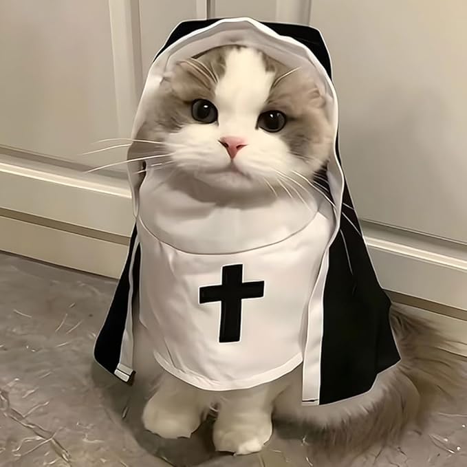 Cat Costume Nun Dress, Nun Dog Costume, Funny Halloween Cloak Outfit for Cat Small Medium Dogs, Cosplay Apparel for Photoshoots Parties Social Media, Adorable Pet Clothing (Black, Small)