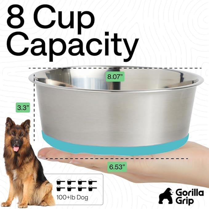 GORILLA GRIP Dog Bowls, Heavy Duty 304 Stainless Steel Holds 8 Cups Each (64 fl oz) Food and Water Bowl for Feeding Dogs and Cats Dishwasher Safe Rust Resistant BPA Free Rubber Base Set of 2 Turquoise