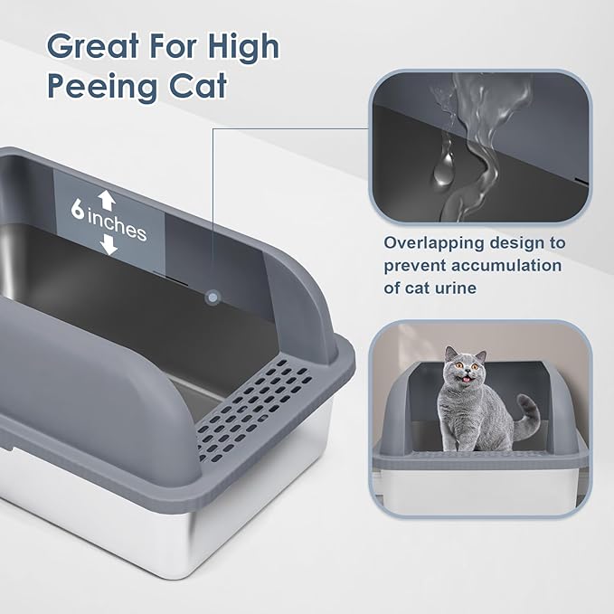 Enclosed Stainless Steel Cat Litter Box with Lid Extra Large Litter Box for Big Cats XL Metal Litter Pan Tray with High Wall Sides Enclosure, Non-Sticky, Anti-Leakage (Grey)