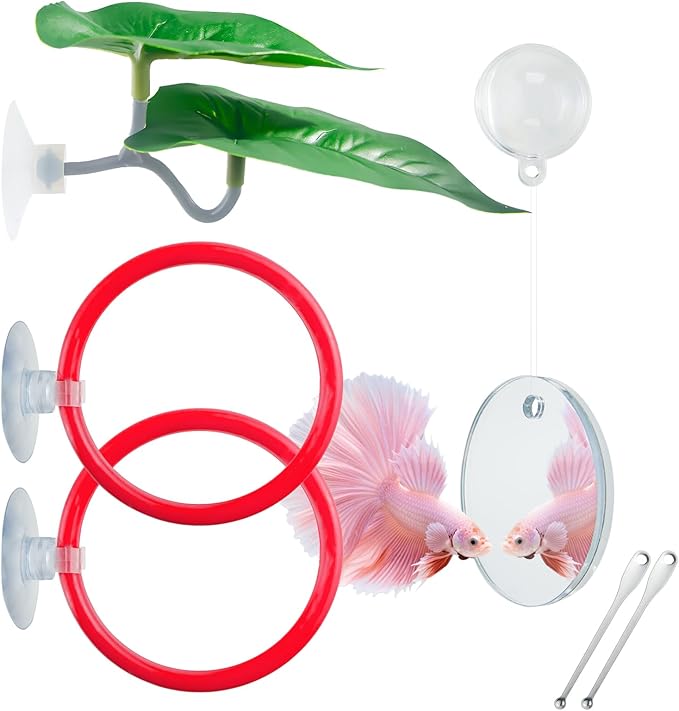 Betta Fish Toy Set: Betta Training Floating Mirror, Training/Feeding Ring, Spoon, and Resting Leaf. Promotes Exercise. Betta Toys, Resting & Feeding Kit(Red)
