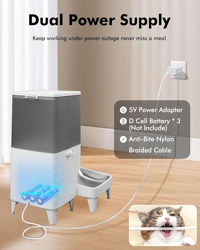 Automatic Cat Feeder for 2 Cats, 2.4G WiFi Timed Cat Feeder with APP Control, 20Cups/5L Automatic Food Dispenser, Dual Stainless Steel Bowls, 1-10 Meals/Day, Dual Power & Detachable for Easy Clean