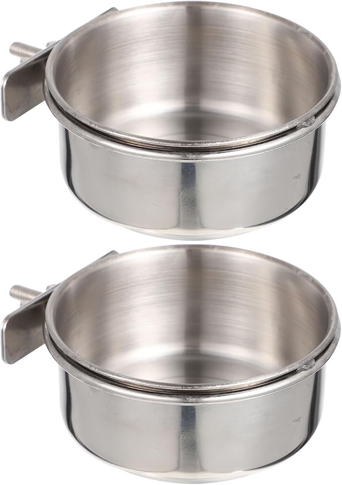 Yardwe Stainless Steel Bird Food Cup 2-Pack Small Cage Feeders with Clamp for Parrots Budgies Cockatiels Durable Bird Food Bowls for Easy Feeding