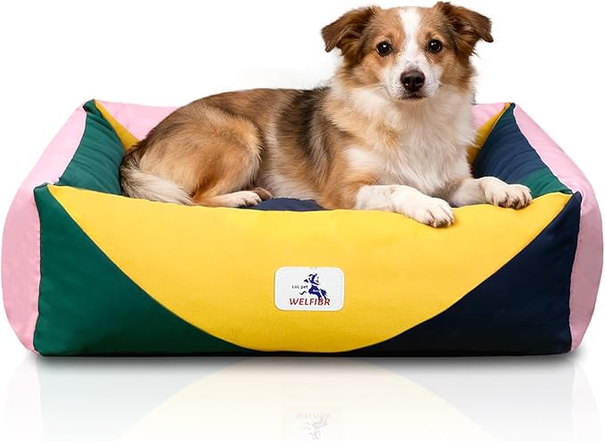 Washable Rectangle Dog Bed with Removable Cover, Color-Block Gingham Cotton Pet Sofa, Breathable Scratch Resistant Dog Bed, Medium