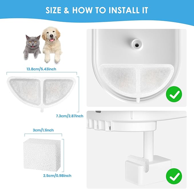 Wireless Cat Water Fountain Filters Set, 10 Filters & 2 Pre-Filter Sponges for 3L/101oz Automatic Water Pet Fountain