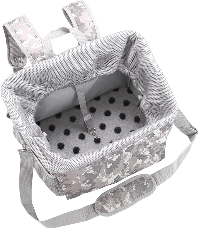 Dog Bike Basket, Pet Bicycle Carrier, Dog Car Seat with Safety Rope, Adjustable Shoulder Strap Portable Breathable Bicycle Basket Bag for Dogs and Cats Up to 15lbs