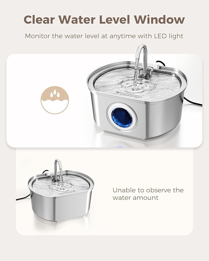 Cat Water Fountain Stainless Steel: 108oz/3.2L Cat Fountain for Drinking - Pet Water Fountain Inside - Automatic Dog Watering Dispenser Bowl - Pet Feeding & Watering Supplies - Water Level Window