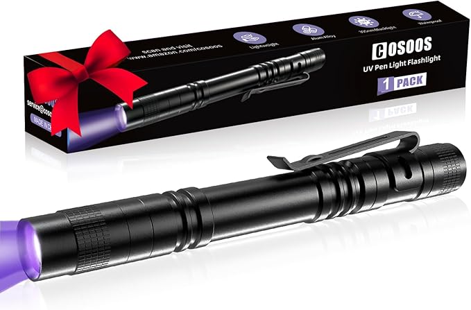 COSOOS UV Black Light Flashlight, 395nm Mini Pen Light with Clip, Waterproof Ultraviolet Flashlight for Leak, Pet Urine, Scorpion, Hotel Inspection, Dry Stain and Bed Bug.