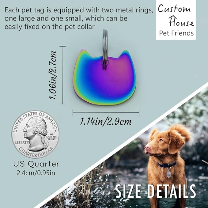 Stainless Steel Cat ID Tag Personalized Pet Tags with up to 4 Lines of Custom Text, Small Pet Mini Dog Cat Tag Lightweight, Engraved on Both Sides, Multiple Patterns Colors Size Options (cat)