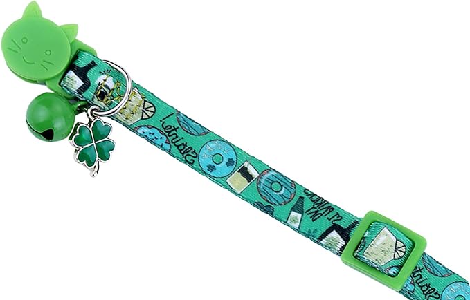 BoomBone St Patricks Day Cat Collar with Bell and Shamrocks Charm,Breakaway Small Dog Collar