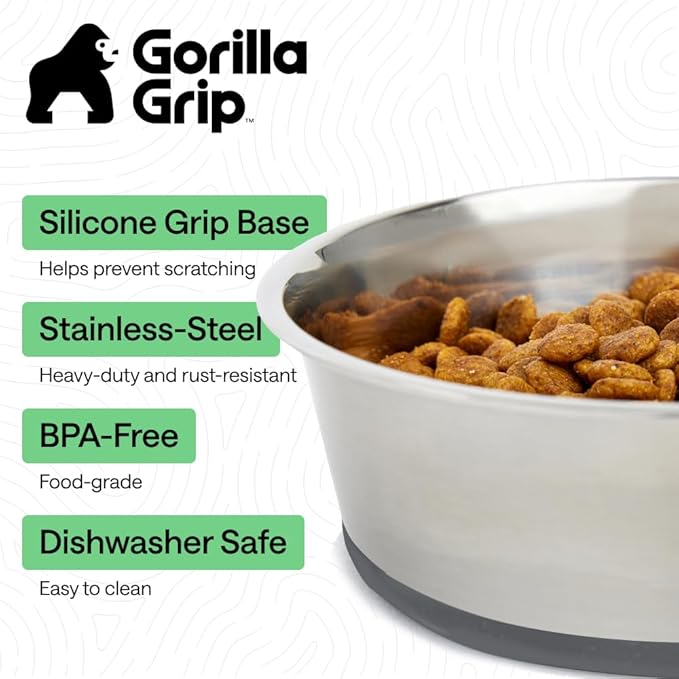 GORILLA GRIP Set of 2 Dog Bowls, Holds 8 Cups (64 fl oz), Heavy Duty Metal Food and Water Bowl for Feeding Dogs and Cats, Dishwasher Safe, Rust Resistant Stainless Steel, BPA Free Rubber Base, Gray